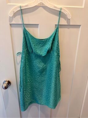 Motel Rocks Medium Teal Satin Jacquard Cowl Neck Tie Mini Dress